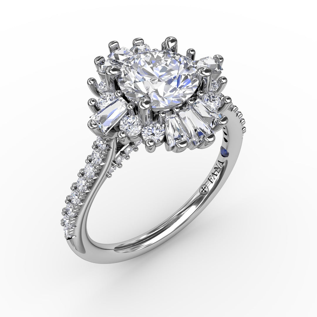 Mixed Shape Diamond Halo Ballerina Style Engagement Ring With Diamond Band