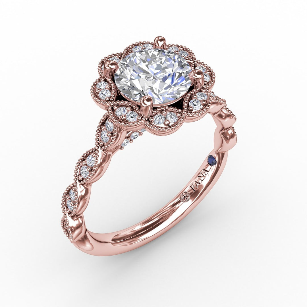 Round Diamond Engagement Ring With Floral Halo and Milgrain Details