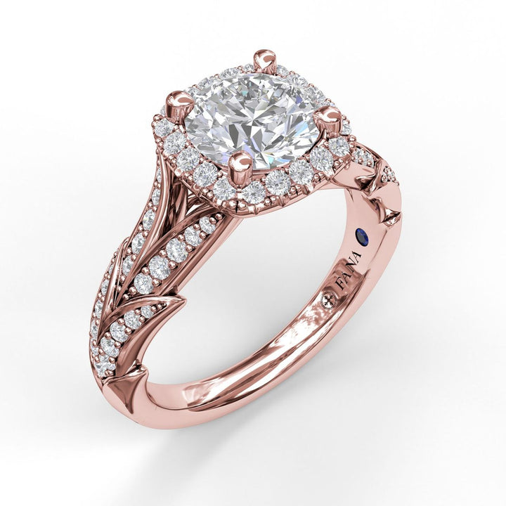Cushion Halo Engagement Ring With Leaf Motif