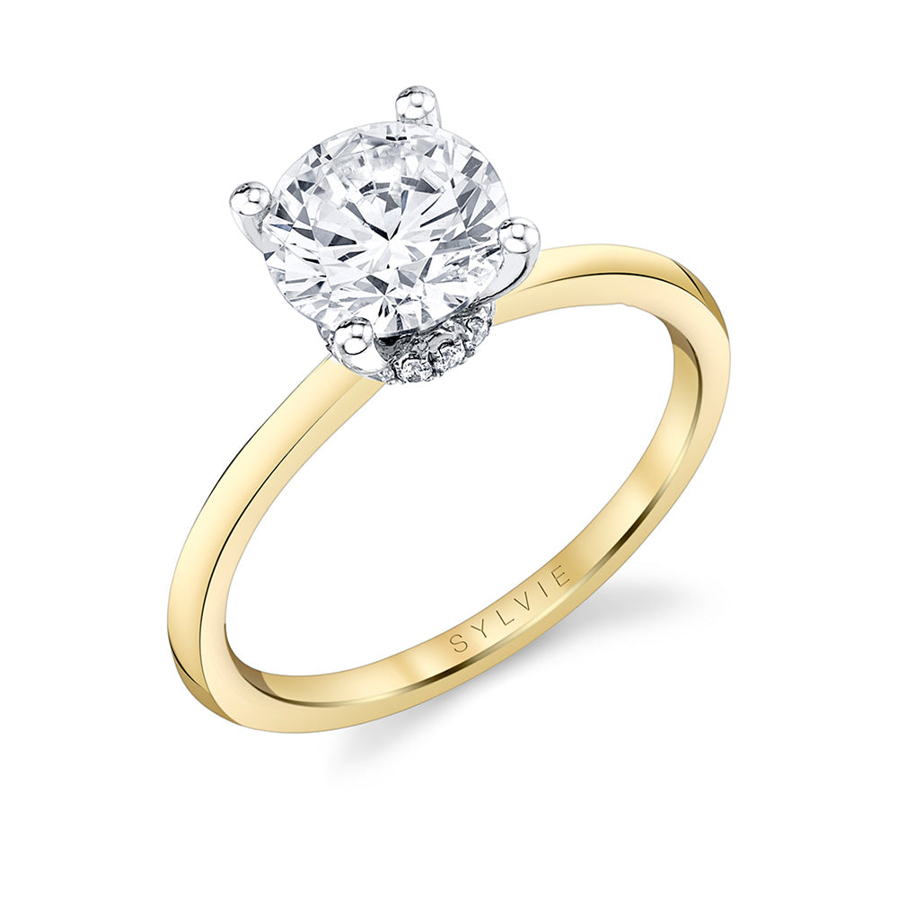 14K Two-Tone Semi Mount Round Hidden Halo Diamond Engagement Ring