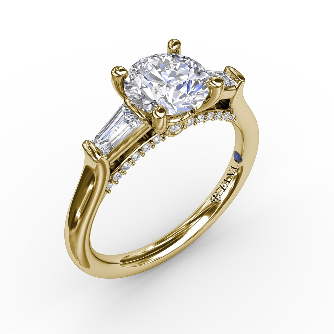 Three-Stone Round Diamond Engagement Ring With Bezel-Set Baguettes