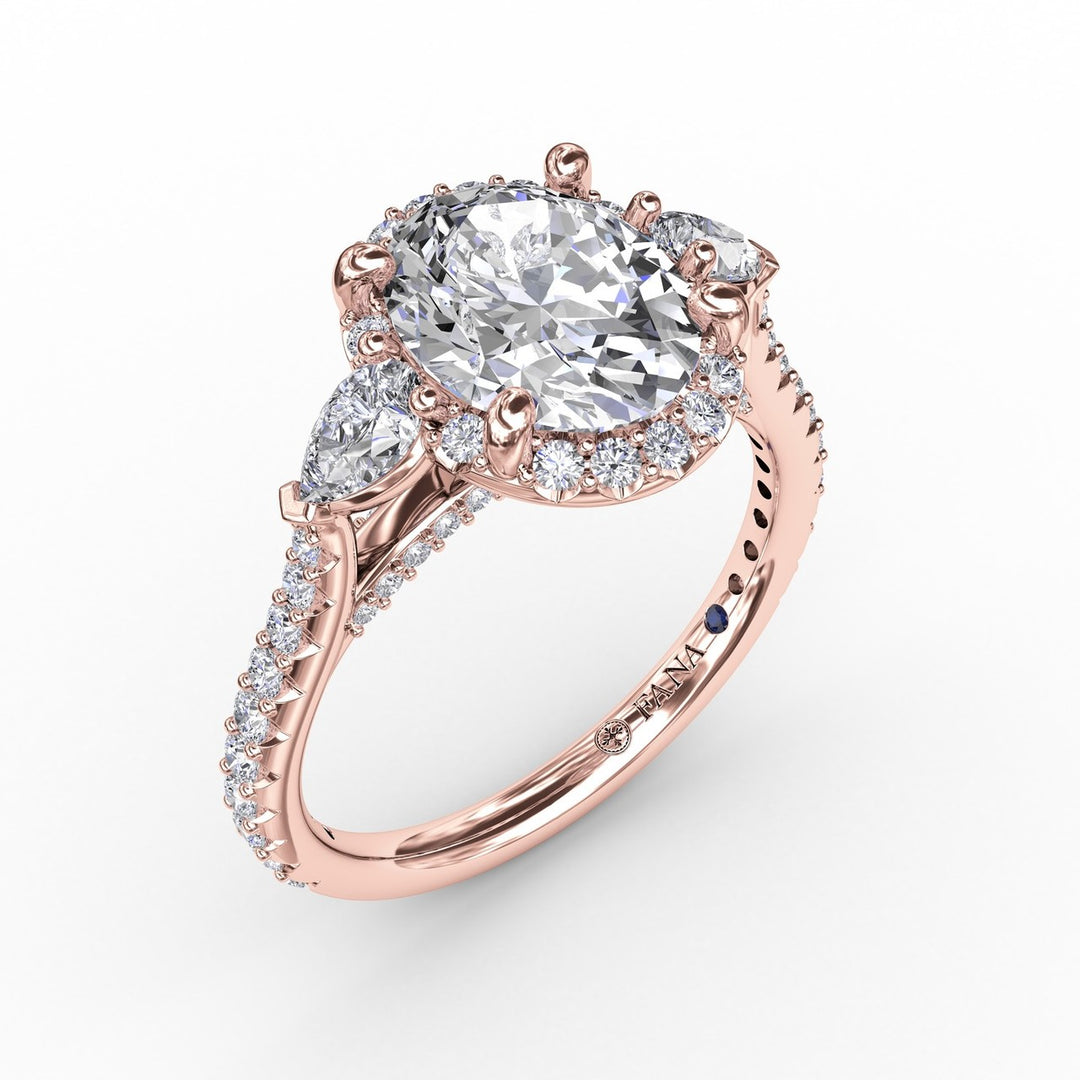 Oval Diamond Halo Engagement Ring With Pear-Shape Diamond Side Stones