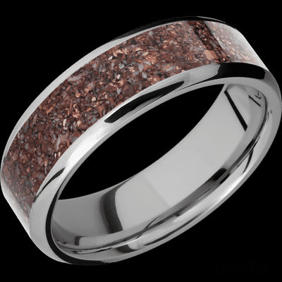 7 mm wide/Beveled/Titanium band with one 5 mm Centered inlay of Dinosaur Bone Mixed.
