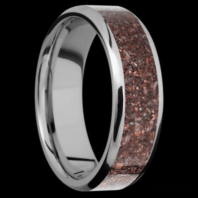7 mm wide/Beveled/Titanium band with one 5 mm Centered inlay of Dinosaur Bone Mixed.
