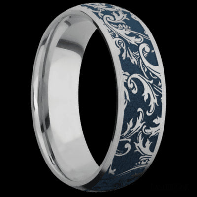 7 mm wide/Domed/Titanium band with a laser carved Black Leaf pattern.