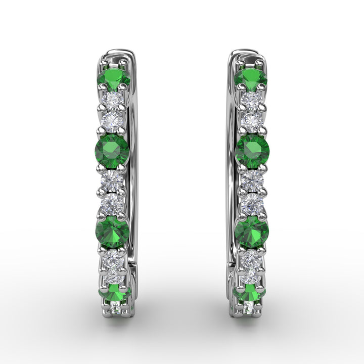 Shared Prong Emerald and Diamond Hoops