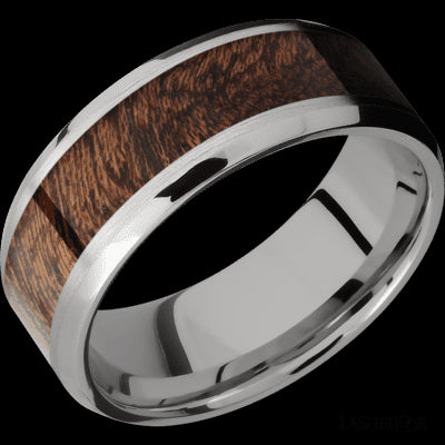 8 mm wide/Beveled/Titanium band with one 5 mm Centered inlay of Sapele.