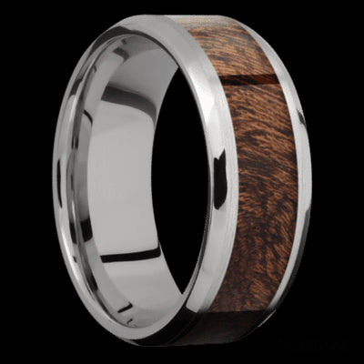 8 mm wide/Beveled/Titanium band with one 5 mm Centered inlay of Sapele.
