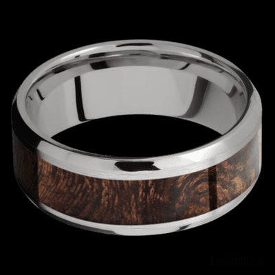8 mm wide/Beveled/Titanium band with one 5 mm Centered inlay of Sapele.