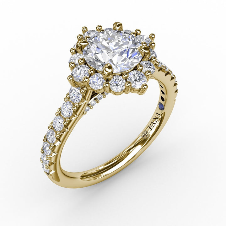 Angled Cushion-Shaped Diamond Halo Engagement Ring With Diamond Band