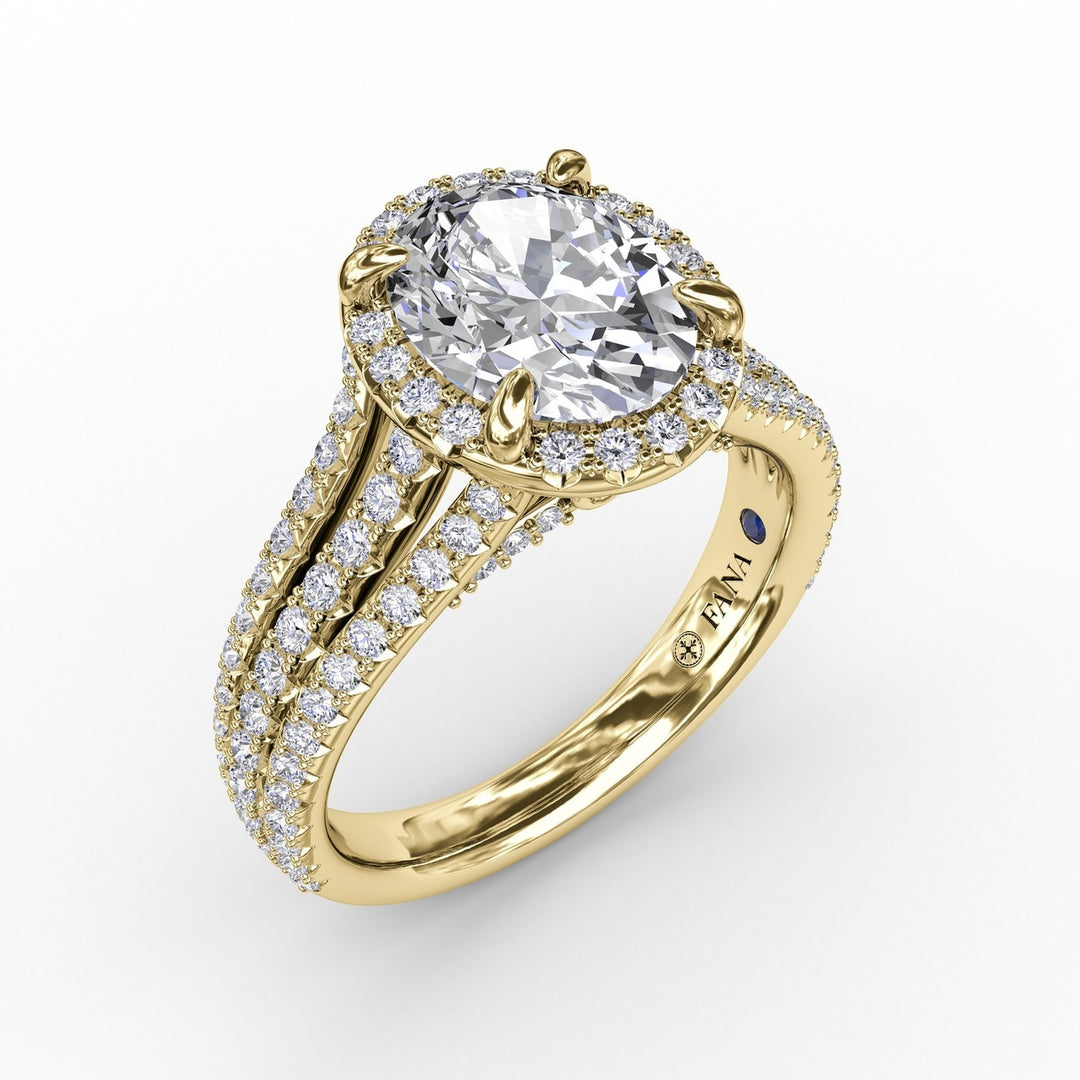 Oval Diamond Halo Engagement Ring With Triple-Row Diamond Band