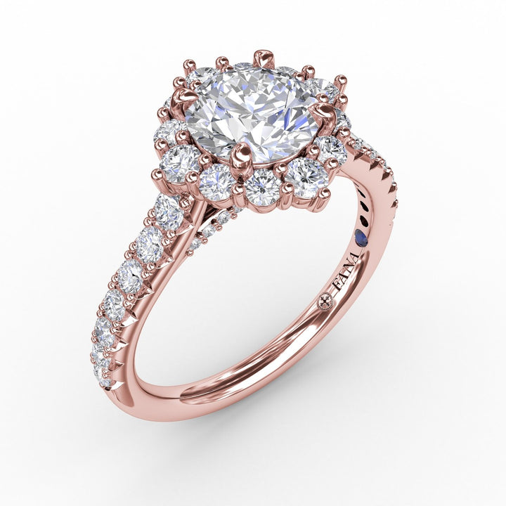 Angled Cushion-Shaped Diamond Halo Engagement Ring With Diamond Band