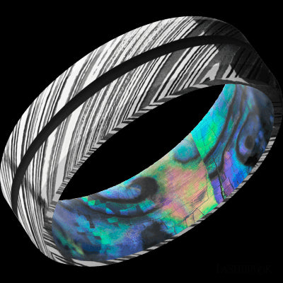 7 mm wide/Beveled/Woodgrain band with one 1 mm Centered inlay of Black also featuring a Abalone sleeve.