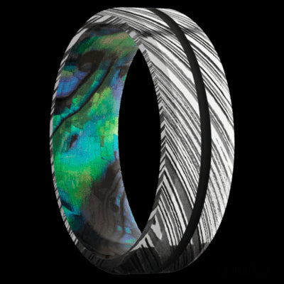 7 mm wide/Beveled/Woodgrain band with one 1 mm Centered inlay of Black also featuring a Abalone sleeve.