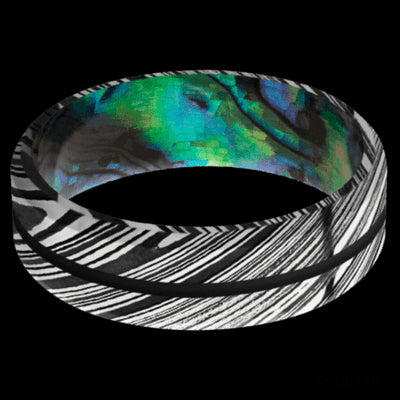 7 mm wide/Beveled/Woodgrain band with one 1 mm Centered inlay of Black also featuring a Abalone sleeve.
