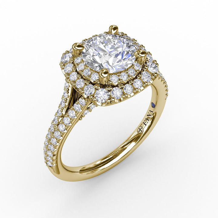 Cushion-Shaped Double Halo Pavé Diamond Engagement Ring with Split Shank