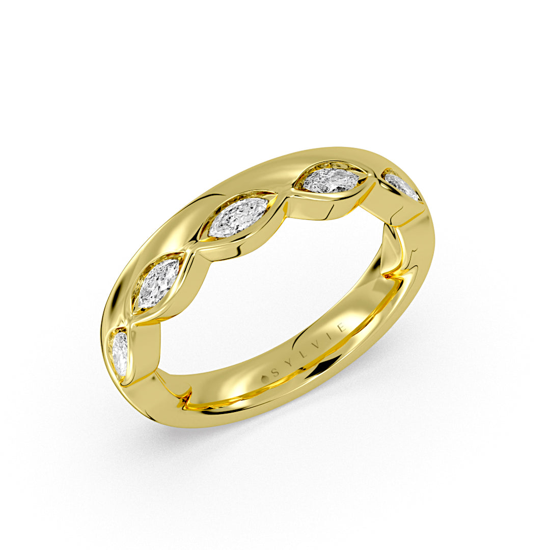 Flush Set Marquise Diamond Wedding Ring with Thick Band