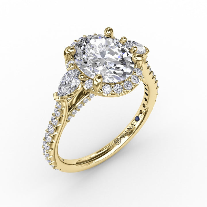 Oval Diamond Halo Engagement Ring With Pear-Shape Diamond Side Stones