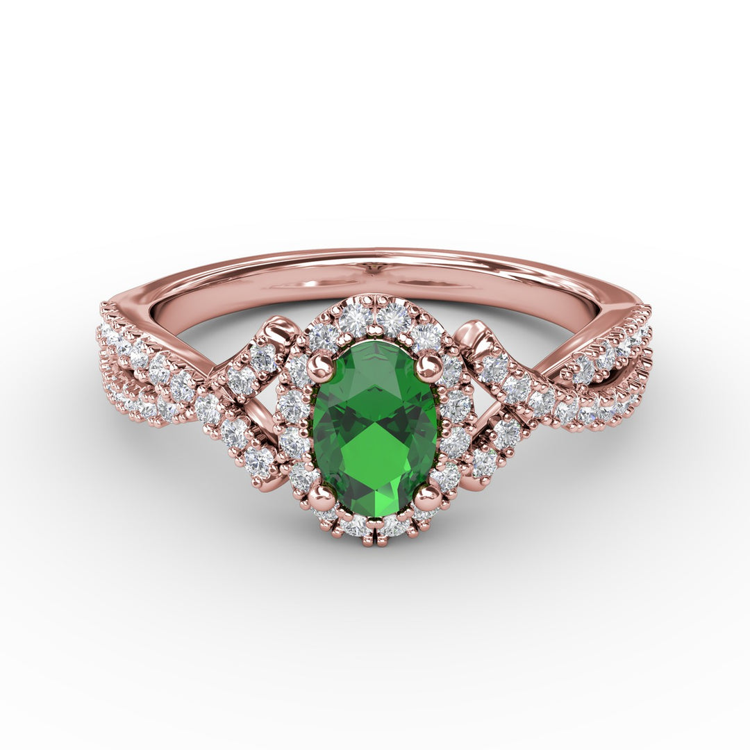 Swirls of Love Emerald and Diamond Twist Ring