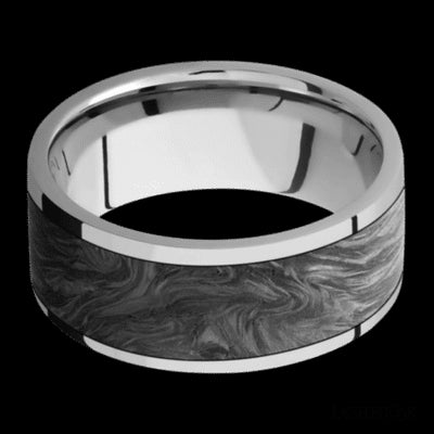 9 mm wide/Flat/Titanium band with one 7 mm Centered inlay of Forged Carbon Fiber.