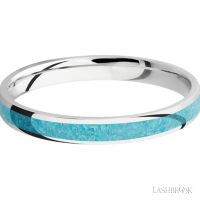 3 mm wide/Domed/Cobalt Chrome band with one 2 mm Centered inlay of Turquoise.