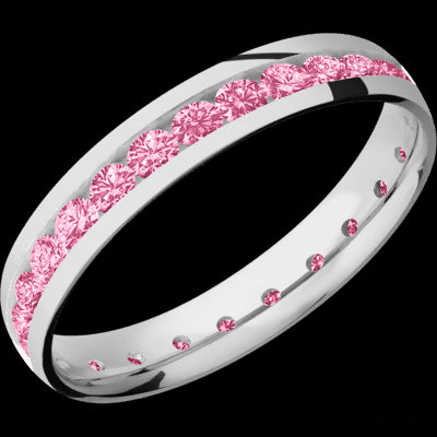 4 mm wide/Domed/Cobalt Chrome band with an Eternity arrangement of .07 carat Round Lab Dark Pink Diamond stones in a Channel setting.