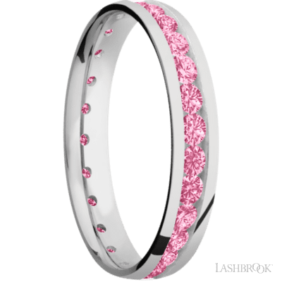 4 mm wide/Domed/Cobalt Chrome band with an Eternity arrangement of .07 carat Round Lab Dark Pink Diamond stones in a Channel setting.