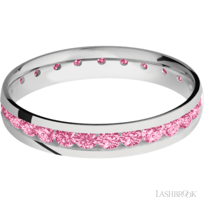 4 mm wide/Domed/Cobalt Chrome band with an Eternity arrangement of .07 carat Round Lab Dark Pink Diamond stones in a Channel setting.
