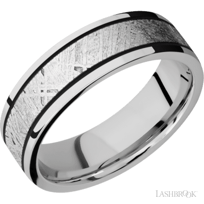 7 mm wide/Flat/Cobalt Chrome band with one 4 mm Centered inlay of Meteorite.