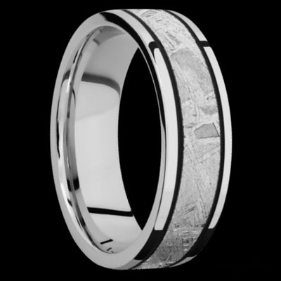 7 mm wide/Flat/Cobalt Chrome band with one 4 mm Centered inlay of Meteorite.