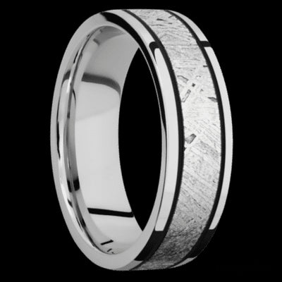 7 mm wide/Flat/Cobalt Chrome band with one 4 mm Centered inlay of Meteorite.