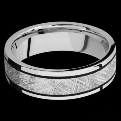 7 mm wide/Flat/Cobalt Chrome band with one 4 mm Centered inlay of Meteorite.