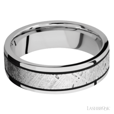7 mm wide/Flat/Cobalt Chrome band with one 4 mm Centered inlay of Meteorite.