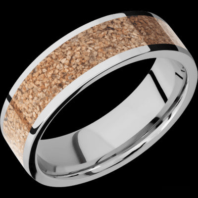 7 mm wide/Flat/Cobalt Chrome band with one 5 mm Centered inlay of Dinosaur Bone Tan.