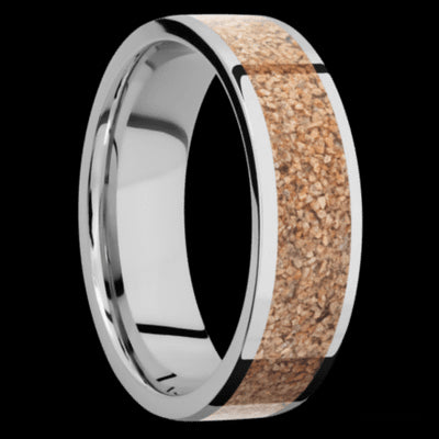 7 mm wide/Flat/Cobalt Chrome band with one 5 mm Centered inlay of Dinosaur Bone Tan.