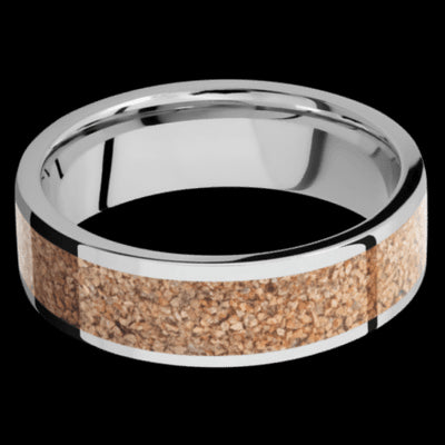 7 mm wide/Flat/Cobalt Chrome band with one 5 mm Centered inlay of Dinosaur Bone Tan.