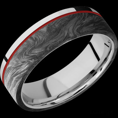 7 mm wide/Flat/Cobalt Chrome band with one 5 mm Off Center Edge inlay of Forged Carbon Fiber.
