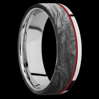 7 mm wide/Flat/Cobalt Chrome band with one 5 mm Off Center Edge inlay of Forged Carbon Fiber.
