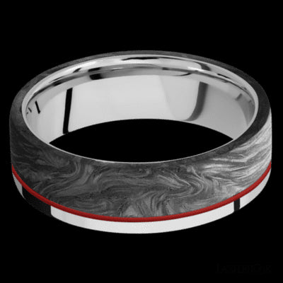 7 mm wide/Flat/Cobalt Chrome band with one 5 mm Off Center Edge inlay of Forged Carbon Fiber.