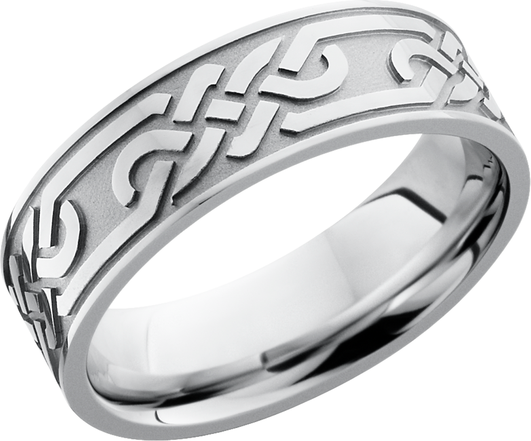 Cobalt chrome 7mm flat band with a reverse laser-carved Celtic loop pattern around the band