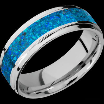7 mm wide/Flat Grooved Edges/Cobalt Chrome band with one 4 mm Centered inlay of Blue Opal.