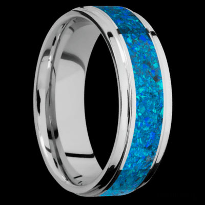 7 mm wide/Flat Grooved Edges/Cobalt Chrome band with one 4 mm Centered inlay of Blue Opal.