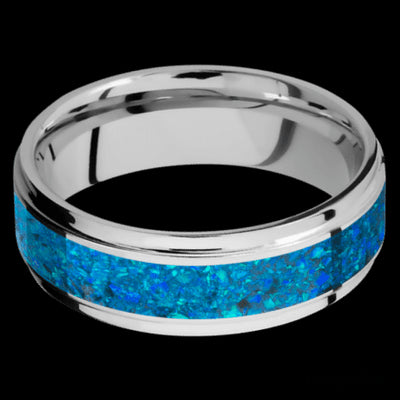 7 mm wide/Flat Grooved Edges/Cobalt Chrome band with one 4 mm Centered inlay of Blue Opal.