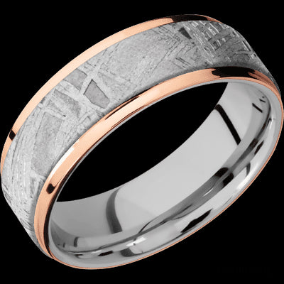 7 mm wide/Flat Grooved Edges/Cobalt Chrome band featuring inlays of Meteorite and 14K Rose Gold.