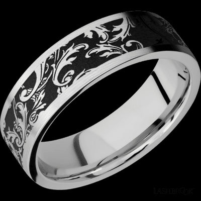 7 mm wide/Flat/Cobalt Chrome band with a laser carved Black Leaf pattern.