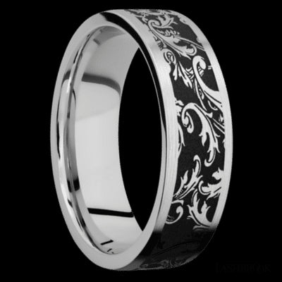 7 mm wide/Flat/Cobalt Chrome band with a laser carved Black Leaf pattern.