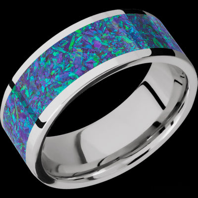 8 mm wide/Flat/Cobalt Chrome band with one 6 mm Centered inlay of Blue Green Opal.