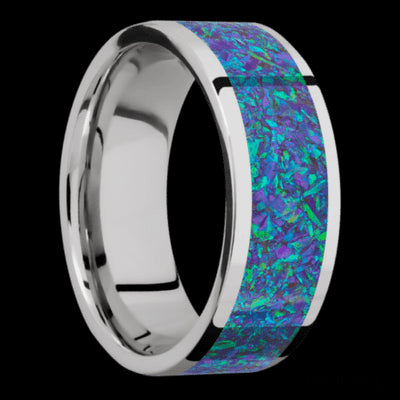 8 mm wide/Flat/Cobalt Chrome band with one 6 mm Centered inlay of Blue Green Opal.
