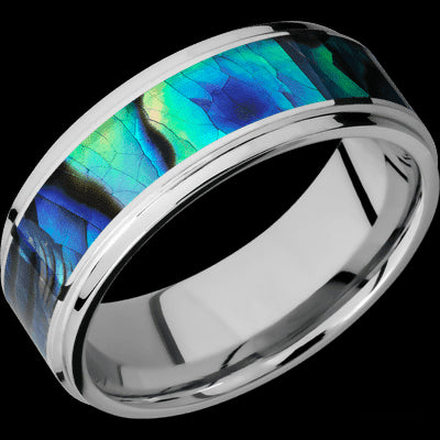 8 mm wide/Flat Grooved Edges/Cobalt Chrome band with one 5 mm Centered inlay of Abalone.