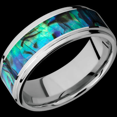 8 mm wide/Flat Grooved Edges/Cobalt Chrome band with one 5 mm Centered inlay of Abalone.